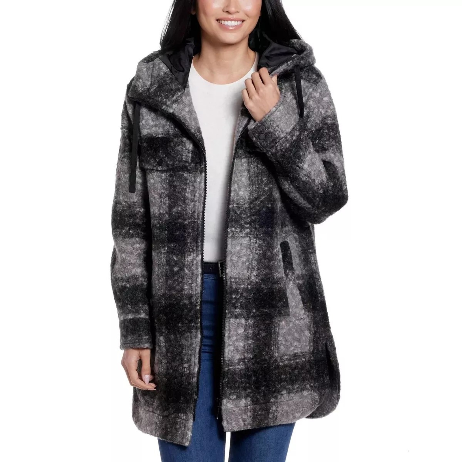 Weatherproof Ladies Boucle Hooded Jacket Black Large New With Tag!!